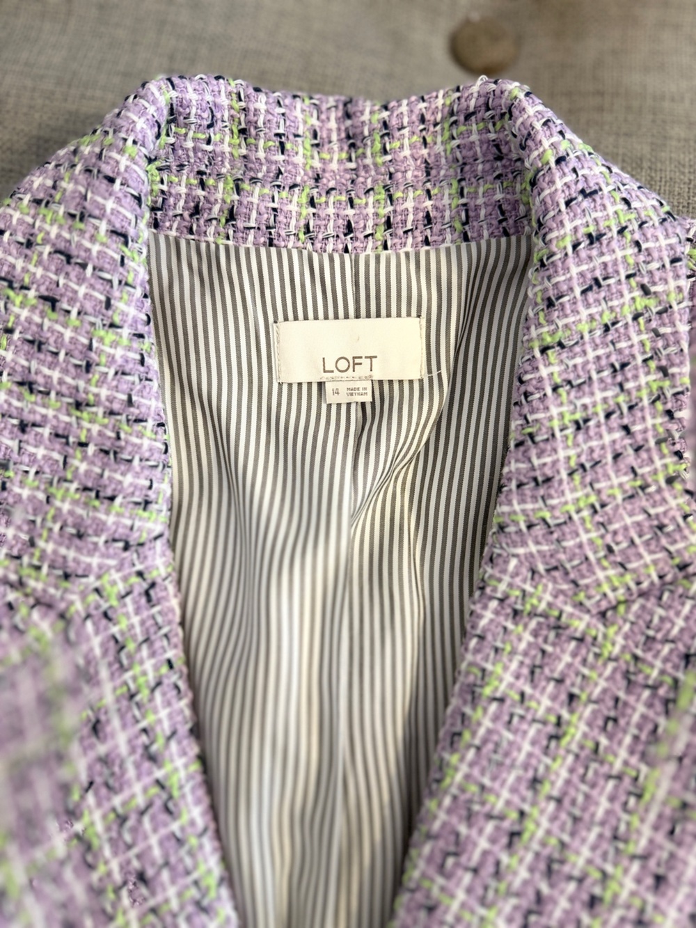 LOFT Lavender Plaid Tweed Double-Breasted Blazer Chanel style sz14 - Picture 5 of 7